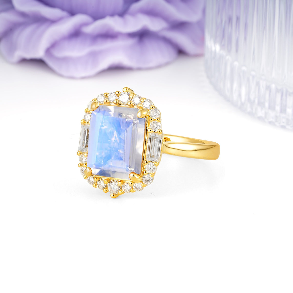 Unique & Classic 4-Prong Emerald Cut Moonstone Engagement Ring - Additional view