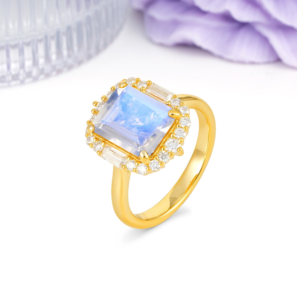 Unique & Classic 4-Prong Emerald Cut Moonstone Engagement Ring - Additional view