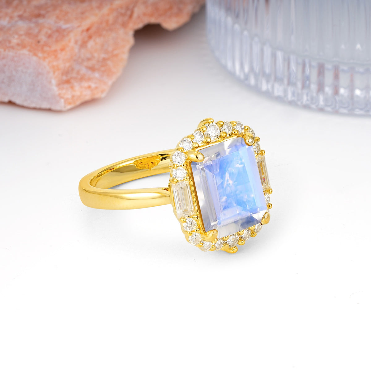 Unique & Classic 4-Prong Emerald Cut Moonstone Engagement Ring - Additional view