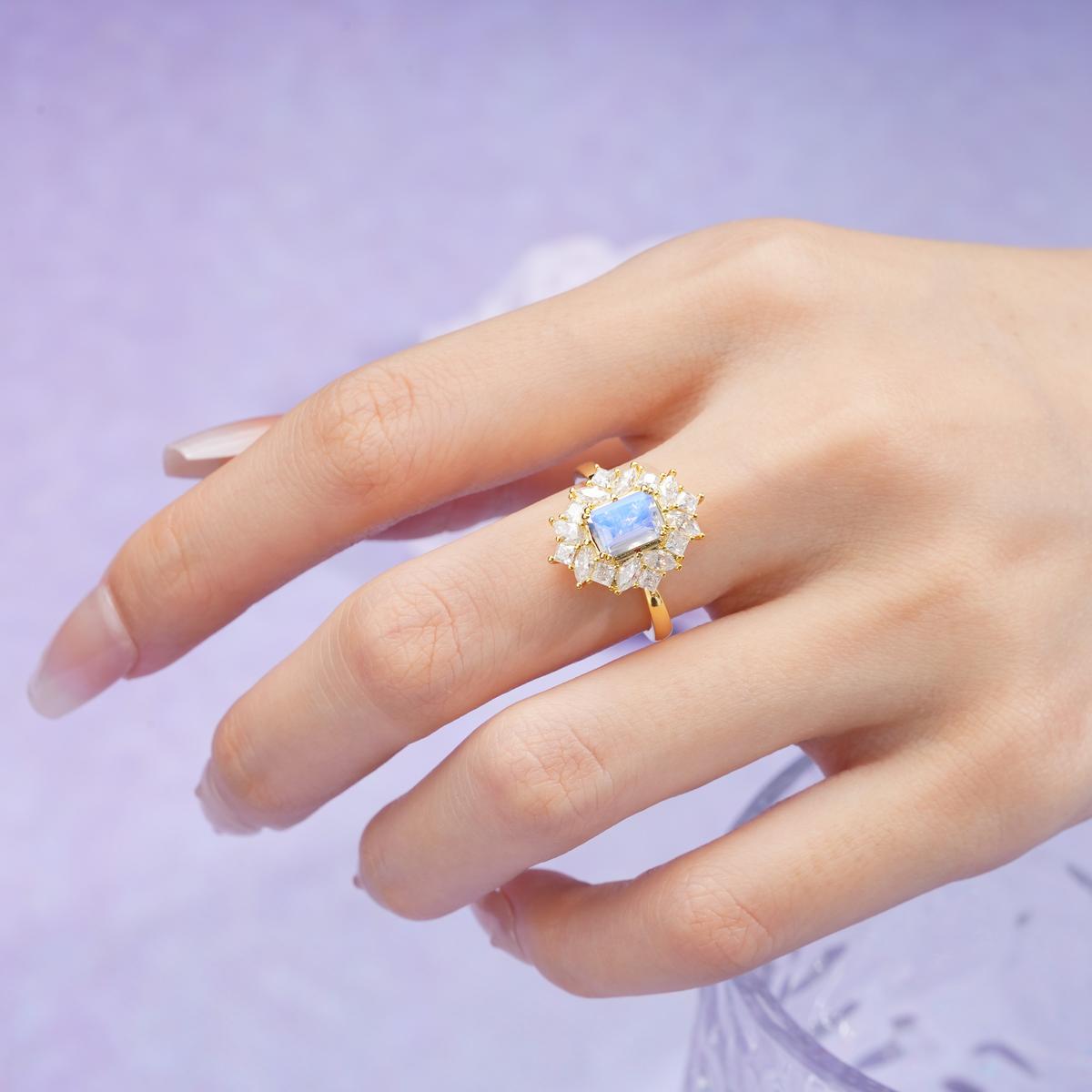 Unique & Classic 4-Prong Emerald Cut Moonstone Engagement Ring