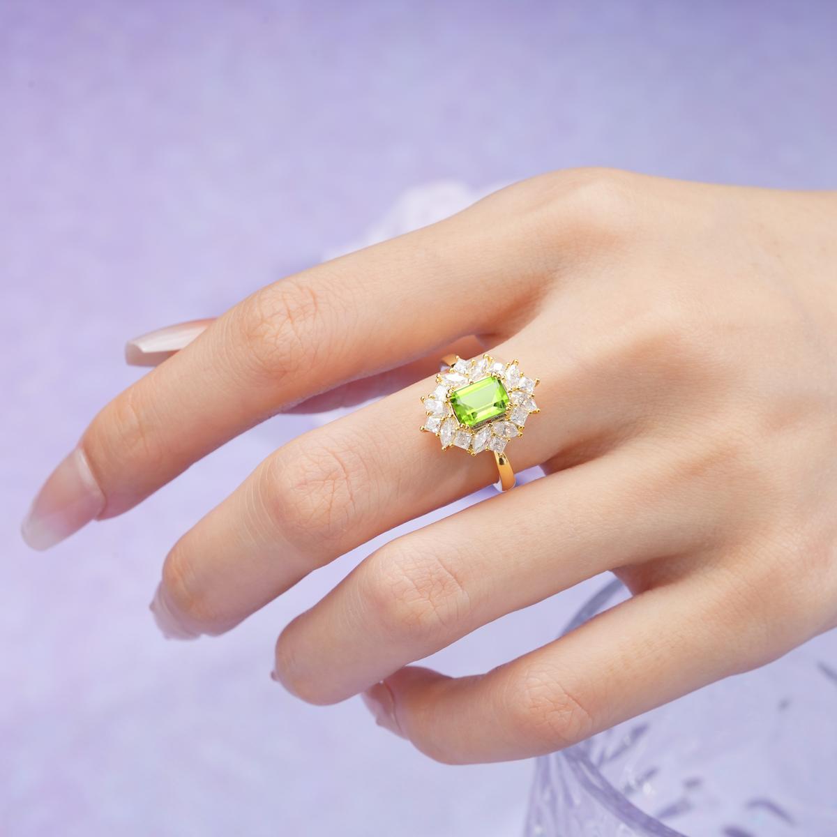 Unique & Classic 4-Prong Emerald Cut Peridot Engagement Ring
