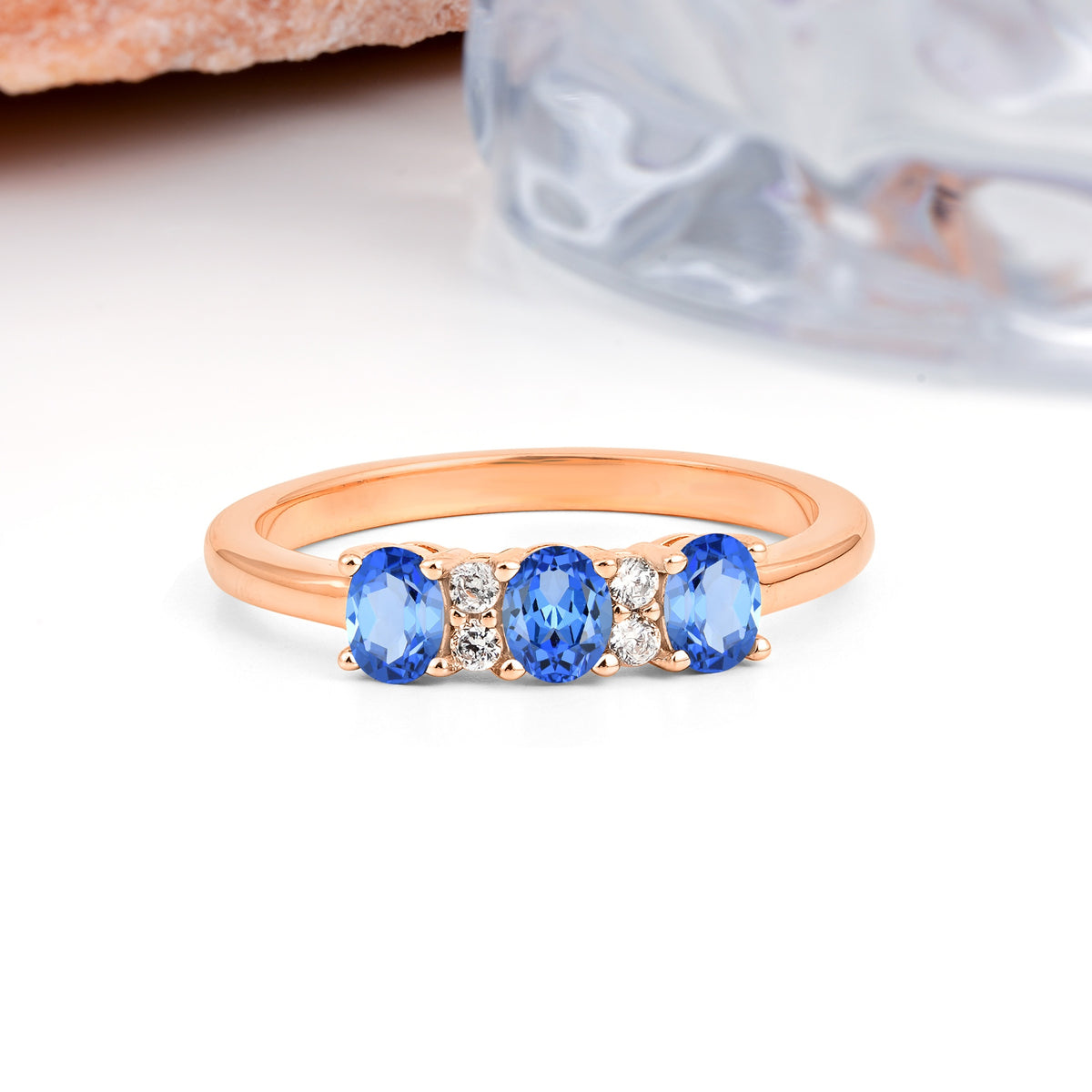 Unique Luxury 4 Prong Oval Cut Sapphire Three stones Wedding Ring - Additional view