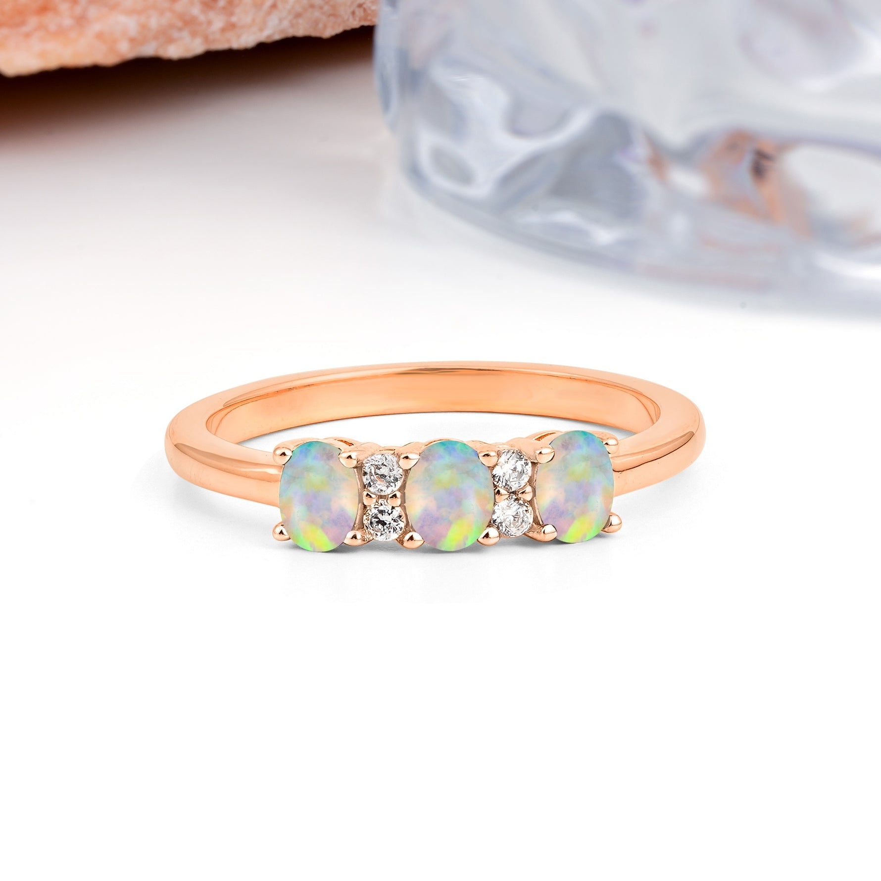 Unique Luxury 4 Prong Oval Cut Fire Opal Three stones Wedding Ring - Additional view