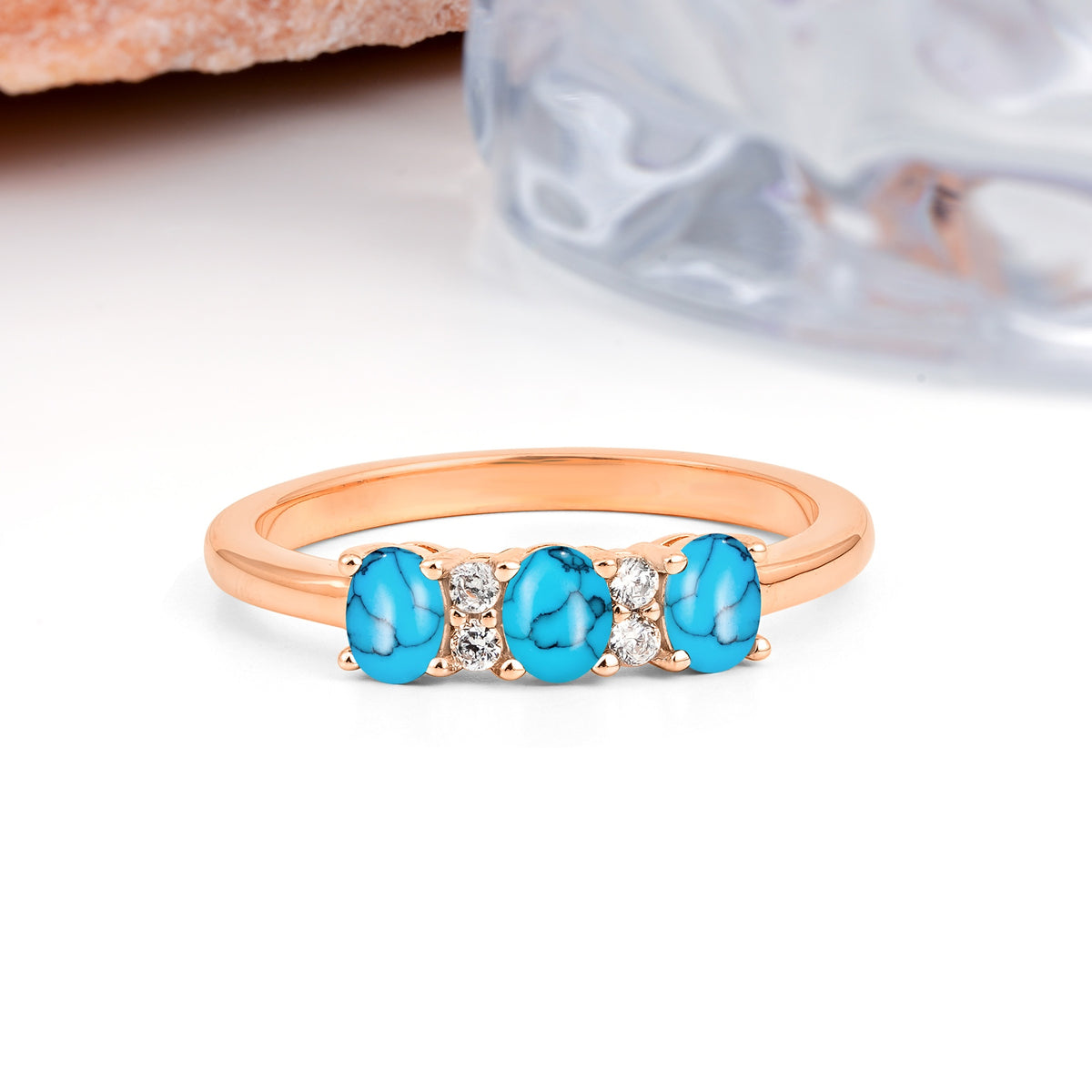 Unique Luxury 4 Prong Oval Cut Turquoise Three stones Wedding Ring - Additional view