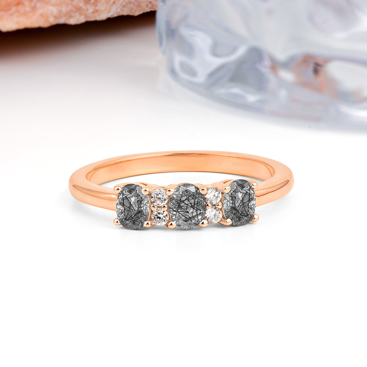Unique Luxury 4 Prong Oval Cut Black Rutilated Quartz Three stones Wedding Ring - Additional view