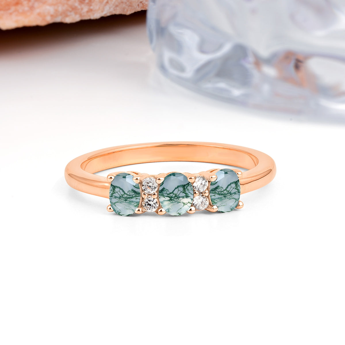 Unique Luxury 4 Prong Oval Cut Moss Agate Three stones Wedding Ring - Additional view