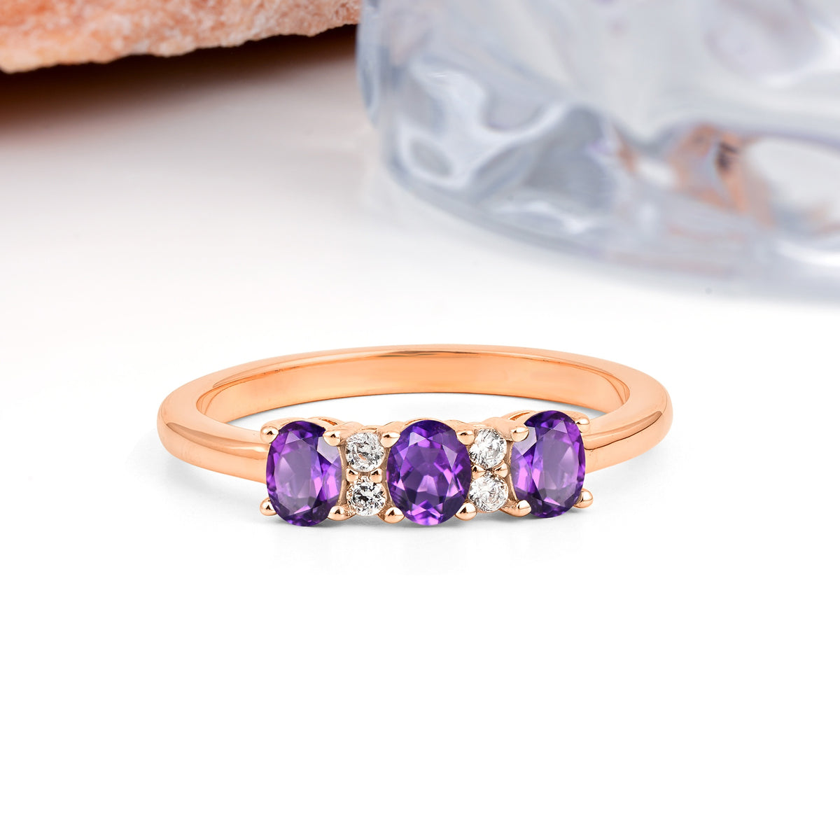 Unique Luxury 4 Prong Oval Cut Amethyst Three stones Wedding Ring - Additional view