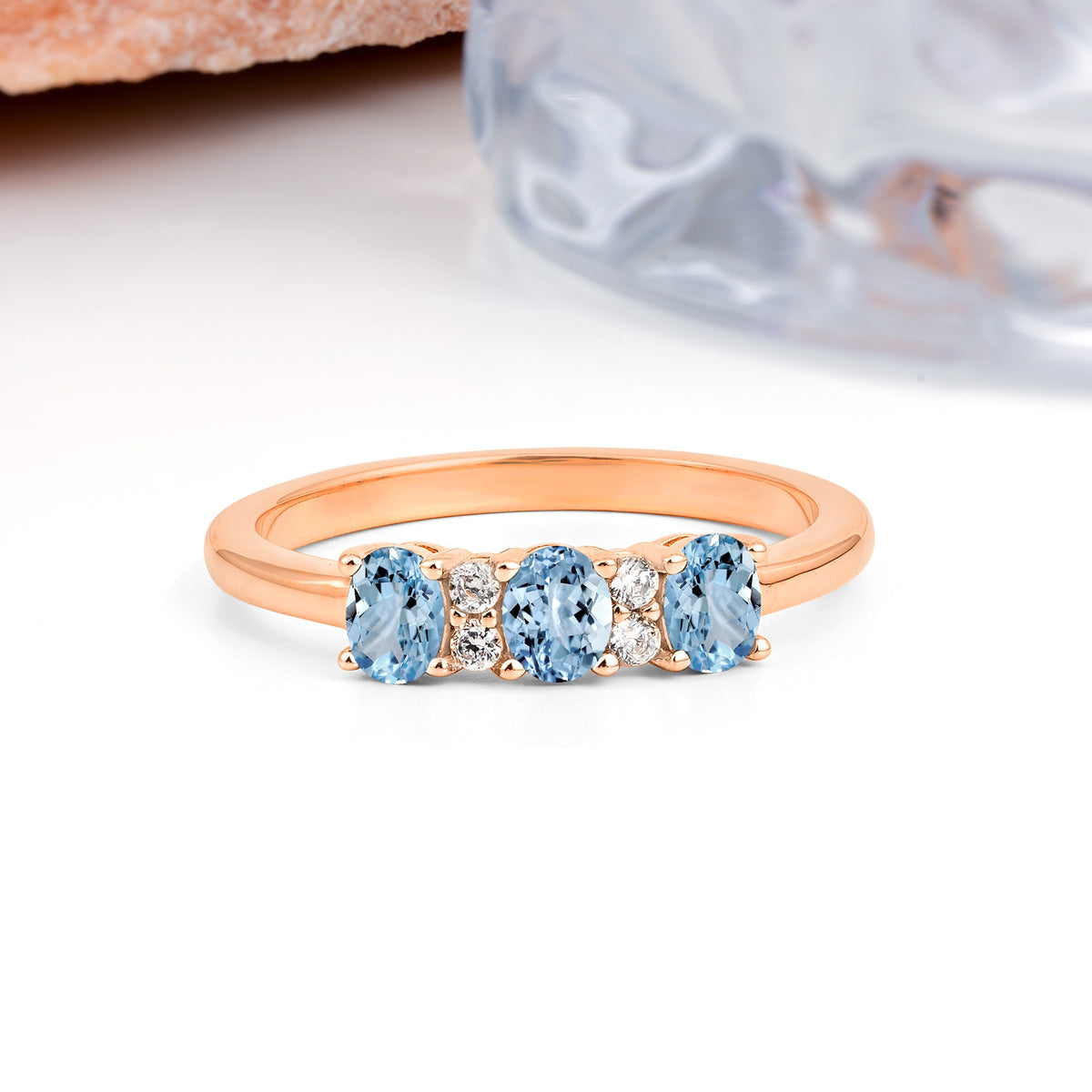 Unique Luxury 4 Prong Oval Cut Aquamarine Three stones Wedding Ring - Additional view