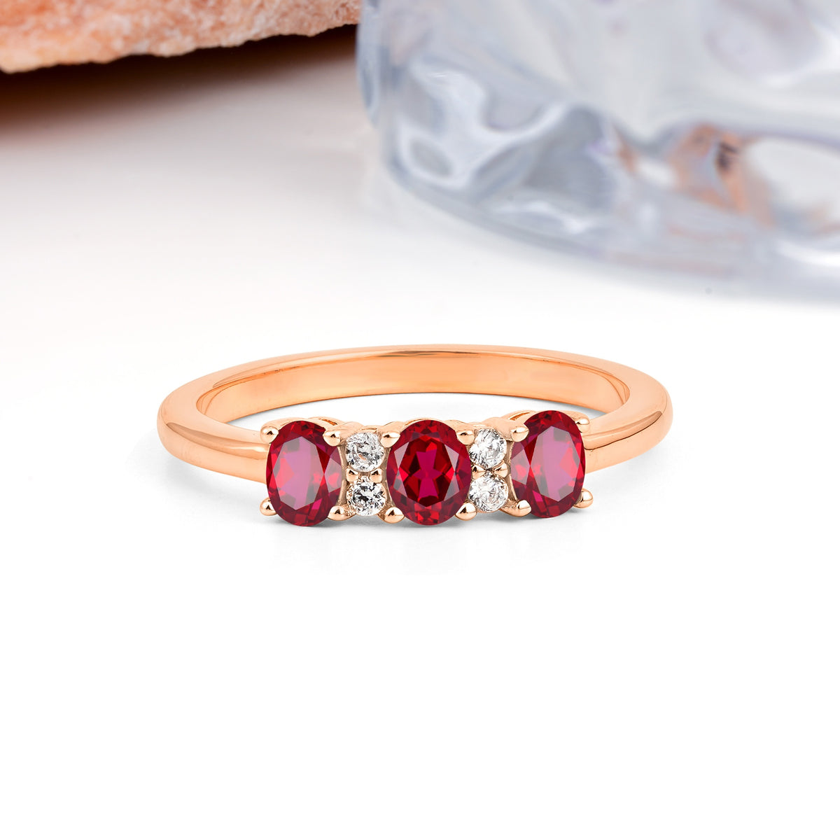 Unique Luxury 4 Prong Oval Cut Ruby Three stones Wedding Ring - Additional view