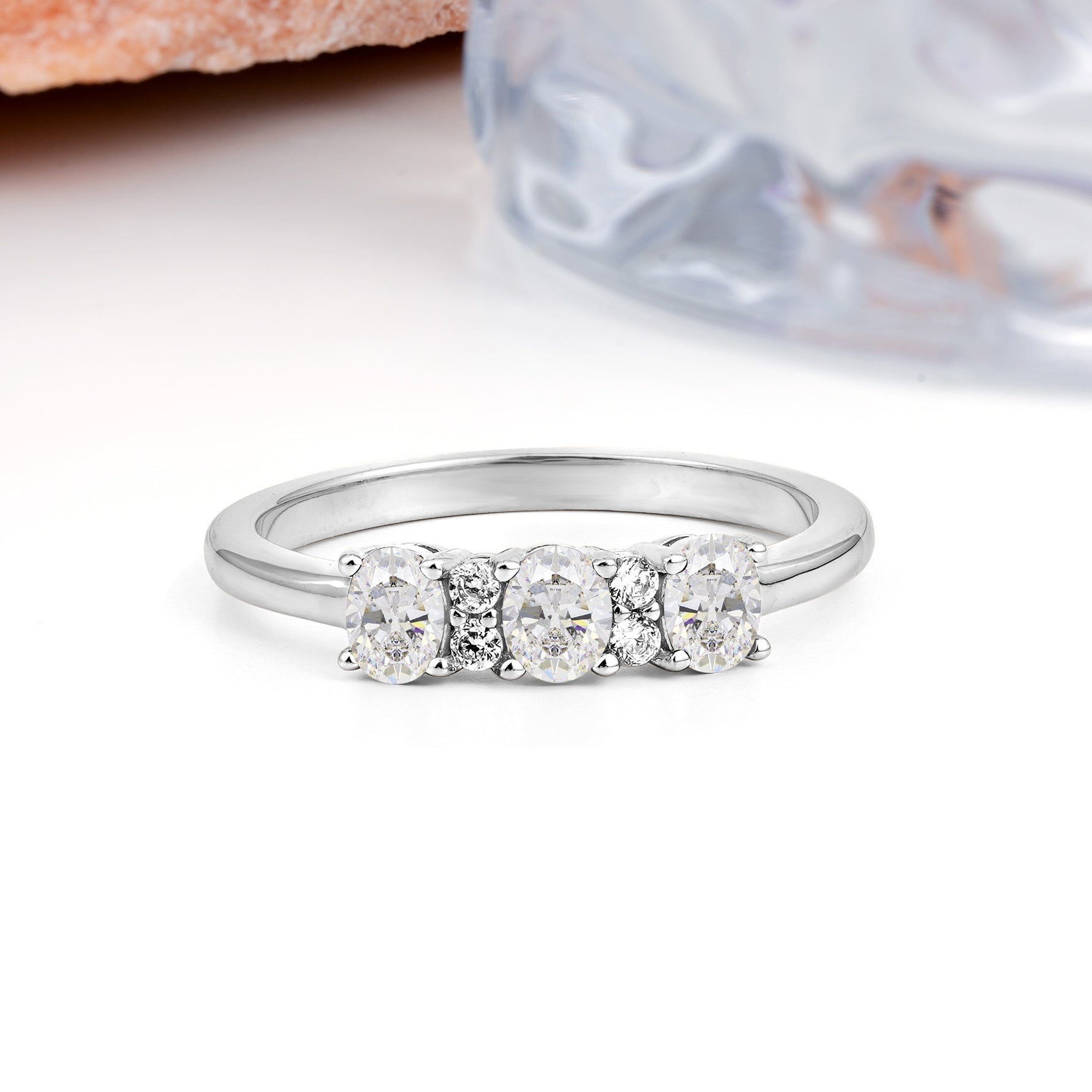 Unique Luxury 4 Prong Oval Cut Moissanite Three stones Wedding Ring - Additional view