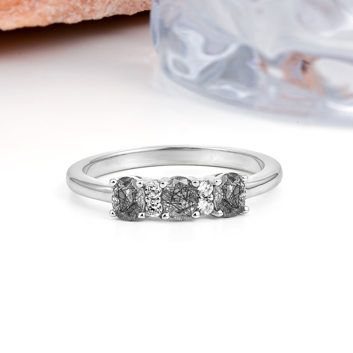 Unique Luxury 4 Prong Oval Cut Black Rutilated Quartz Three stones Wedding Ring - Additional view