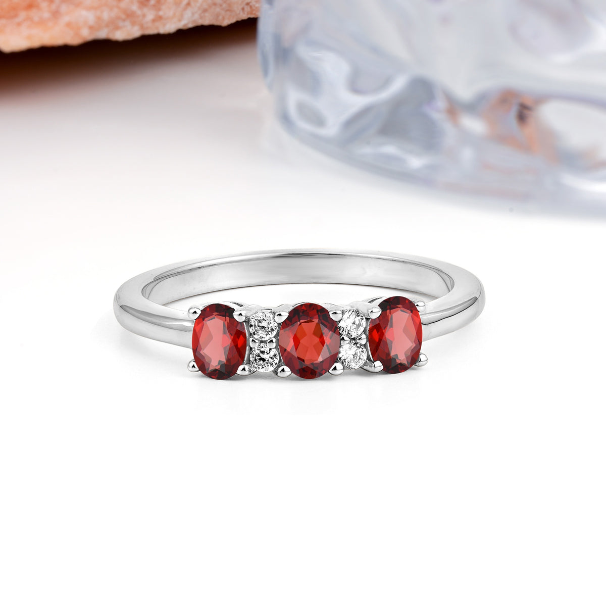 Unique Luxury 4 Prong Oval Cut Garnet Three stones Wedding Ring - Additional view