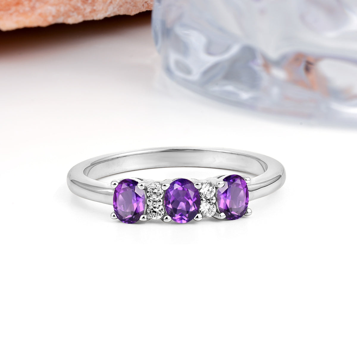 Unique Luxury 4 Prong Oval Cut Amethyst Three stones Wedding Ring - Additional view