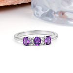 Unique Luxury 4 Prong Oval Cut Amethyst Three stones Wedding Ring - Additional view