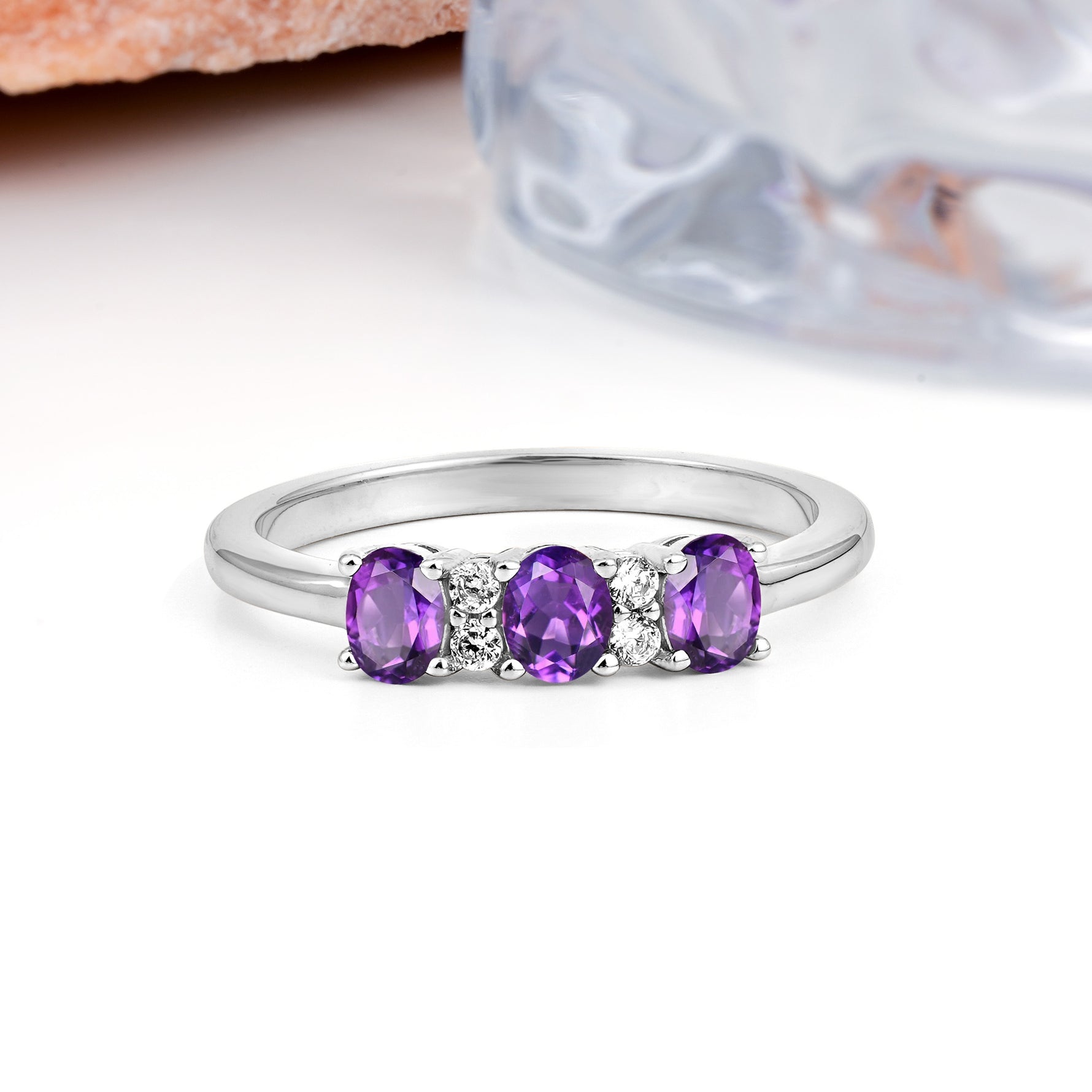 Unique Luxury 4 Prong Oval Cut Amethyst Three stones Wedding Ring - Additional view