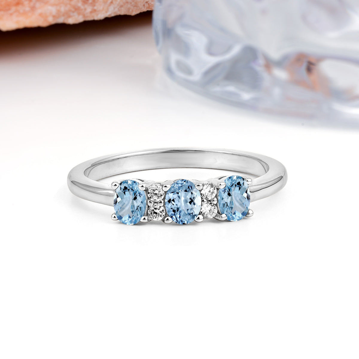 Unique Luxury 4 Prong Oval Cut Aquamarine Three stones Wedding Ring - Additional view