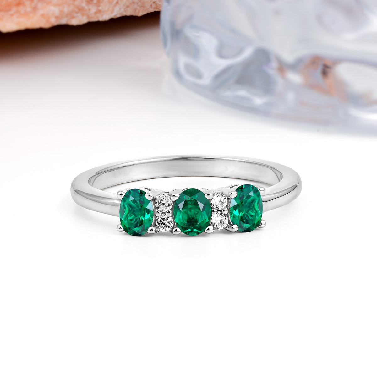 Unique Luxury 4 Prong Oval Cut Emerald Three stones Wedding Ring - Additional view