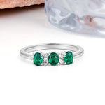 Unique Luxury 4 Prong Oval Cut Emerald Three stones Wedding Ring - Additional view