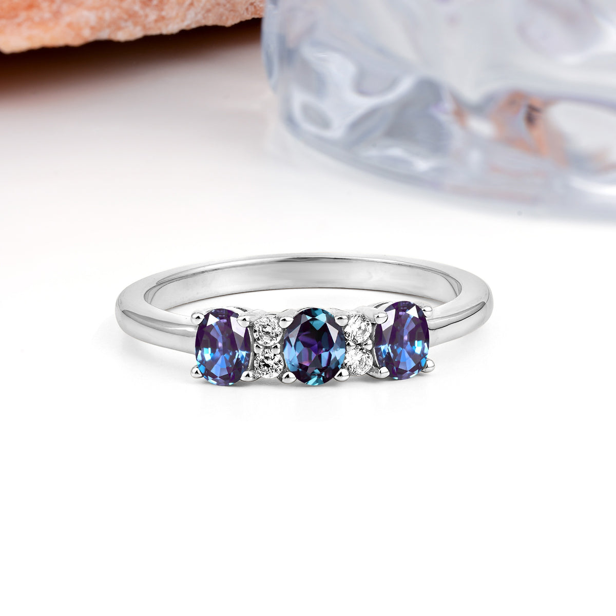Unique Luxury 4 Prong Oval Cut Alexandrite Three stones Wedding Ring - Additional view