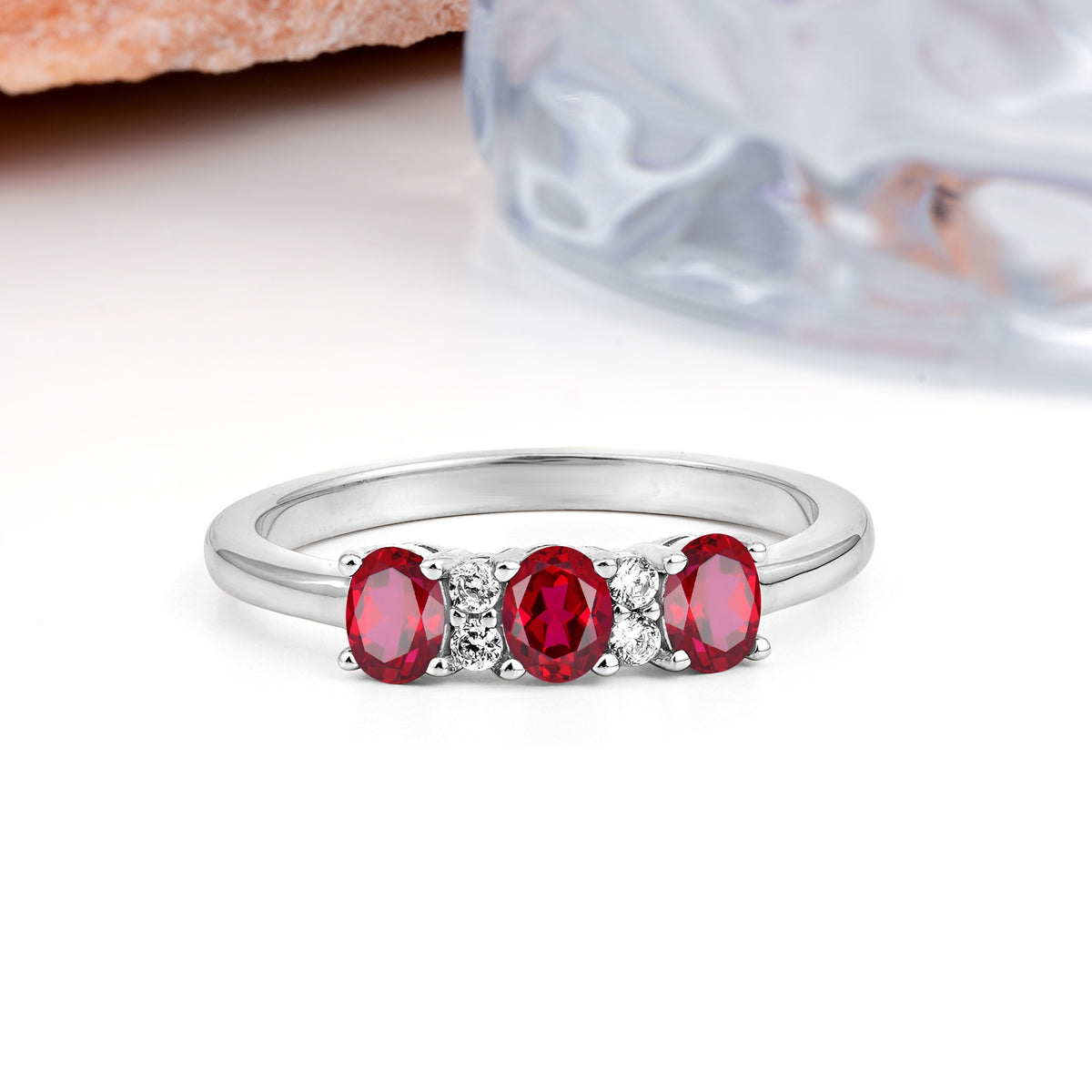 Unique Luxury 4 Prong Oval Cut Ruby Three stones Wedding Ring - Additional view