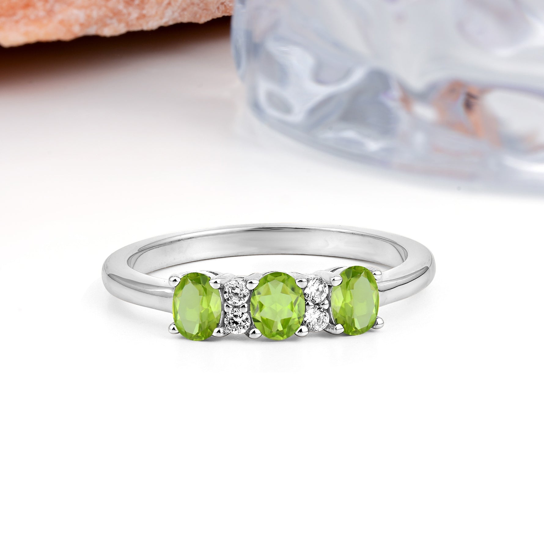 Unique Luxury 4 Prong Oval Cut Peridot Three stones Wedding Ring - Additional view
