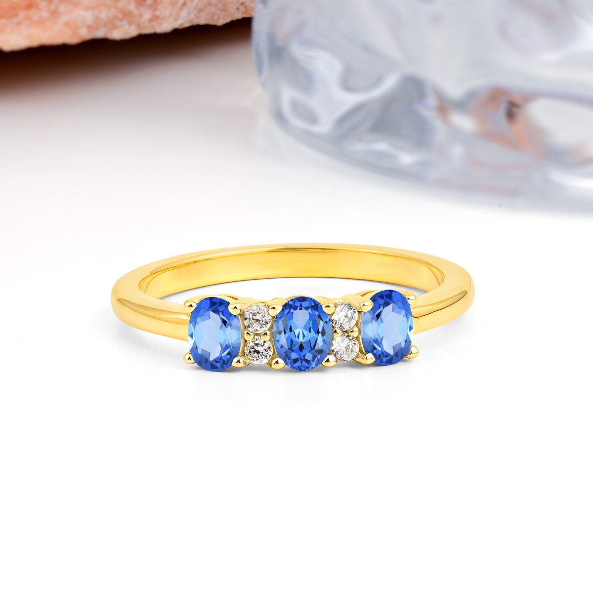Unique Luxury 4 Prong Oval Cut Sapphire Three stones Wedding Ring - Additional view