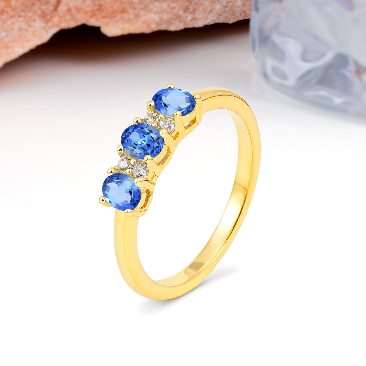 Unique Luxury 4 Prong Oval Cut Sapphire Three stones Wedding Ring - Additional view