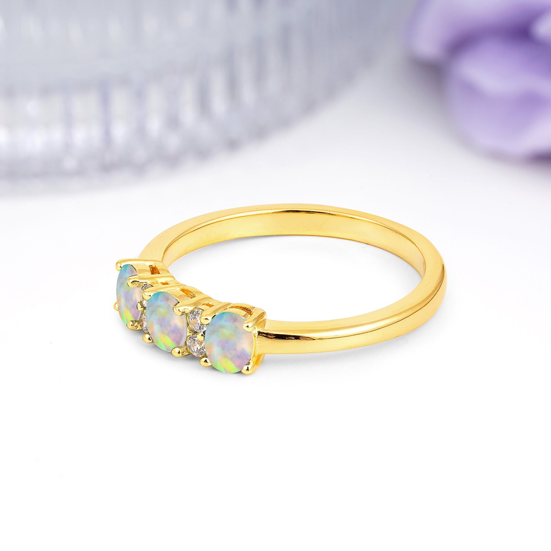 Unique Luxury 4 Prong Oval Cut Fire Opal Three stones Wedding Ring - Additional view