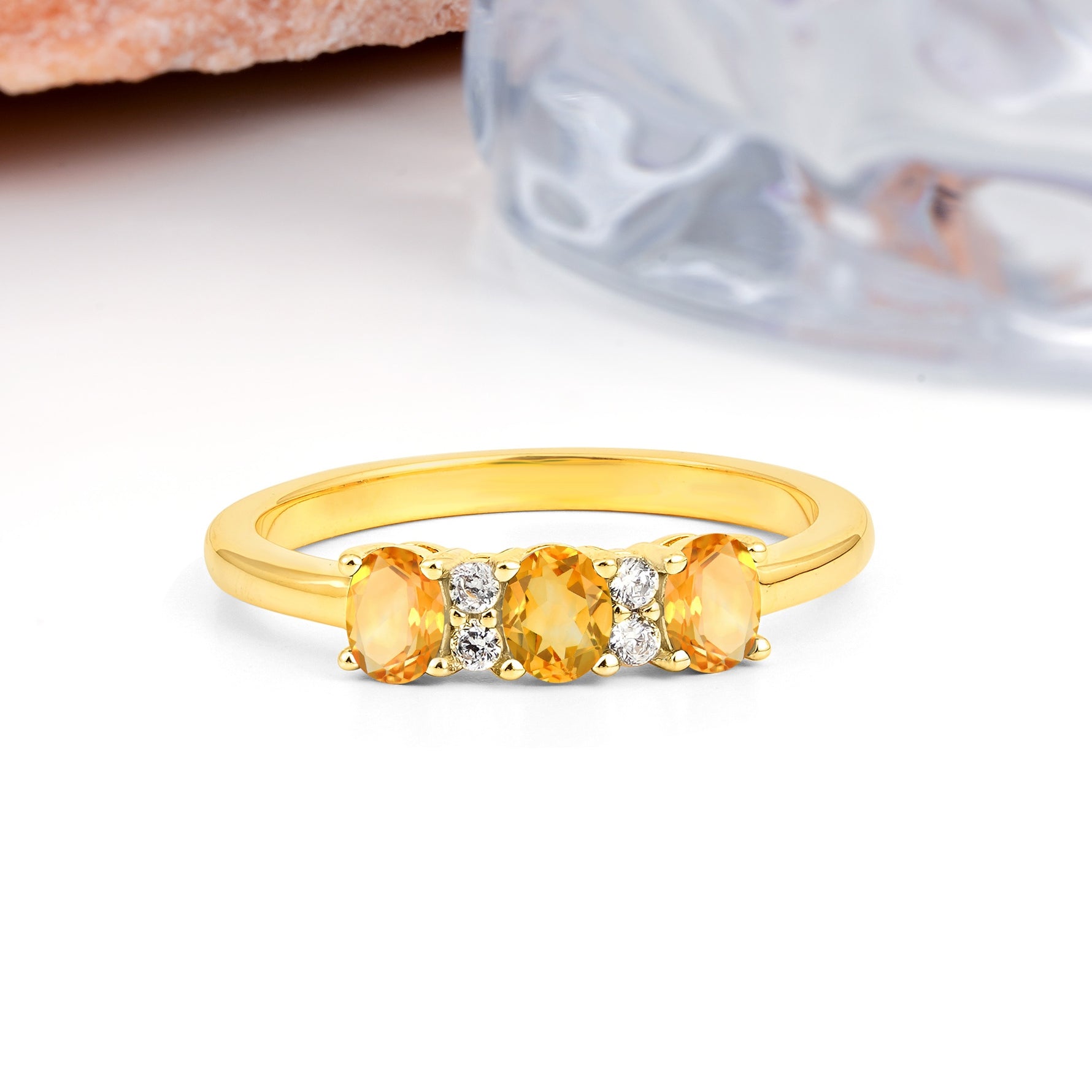 Unique Luxury 4 Prong Oval Cut Citrine Three stones Wedding Ring - Additional view