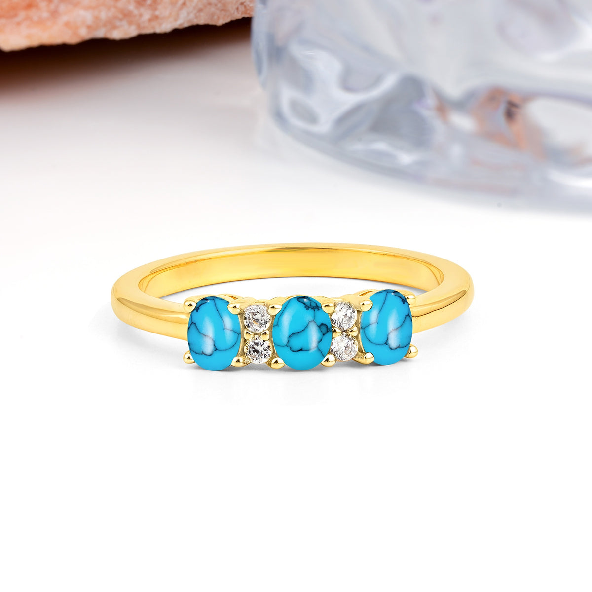 Unique Luxury 4 Prong Oval Cut Turquoise Three stones Wedding Ring - Additional view