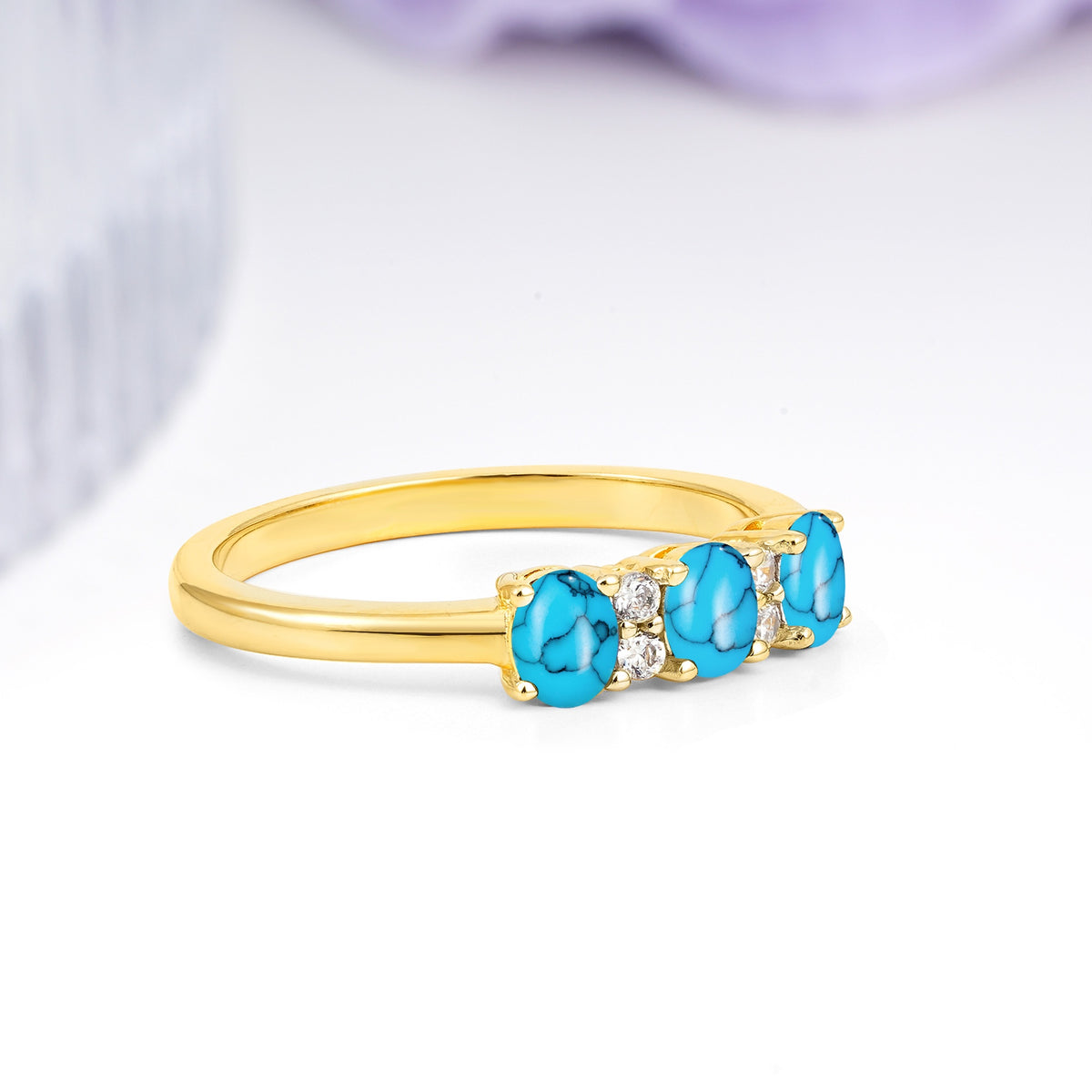 Unique Luxury 4 Prong Oval Cut Turquoise Three stones Wedding Ring - Additional view