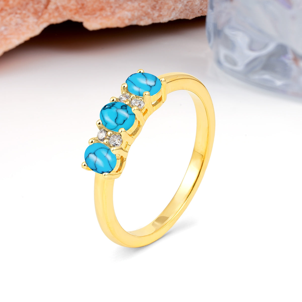 Unique Luxury 4 Prong Oval Cut Turquoise Three stones Wedding Ring - Additional view