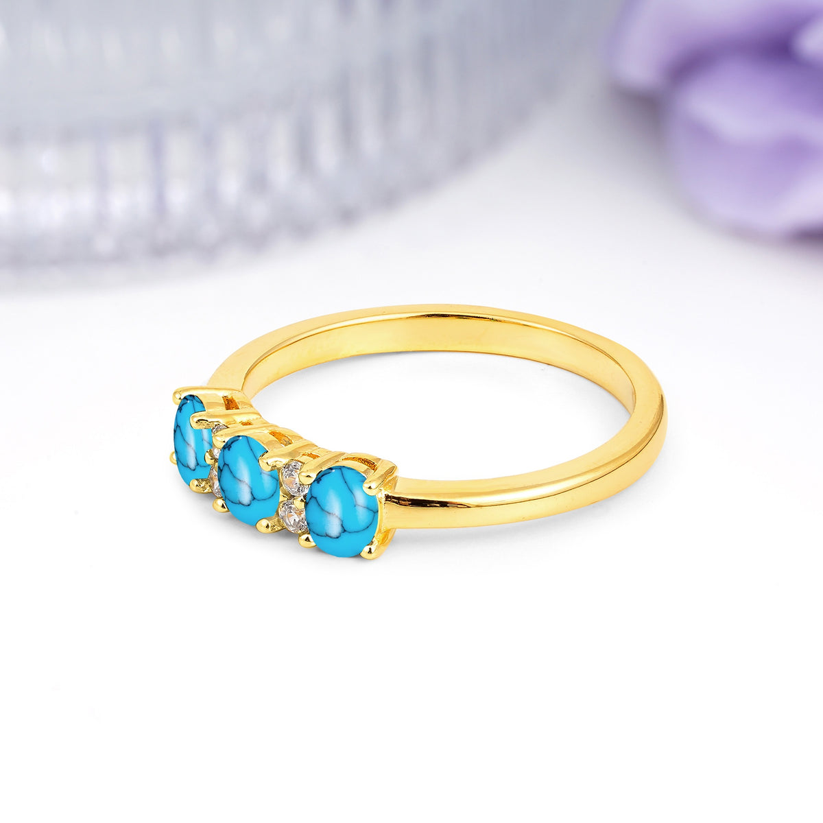 Unique Luxury 4 Prong Oval Cut Turquoise Three stones Wedding Ring - Additional view
