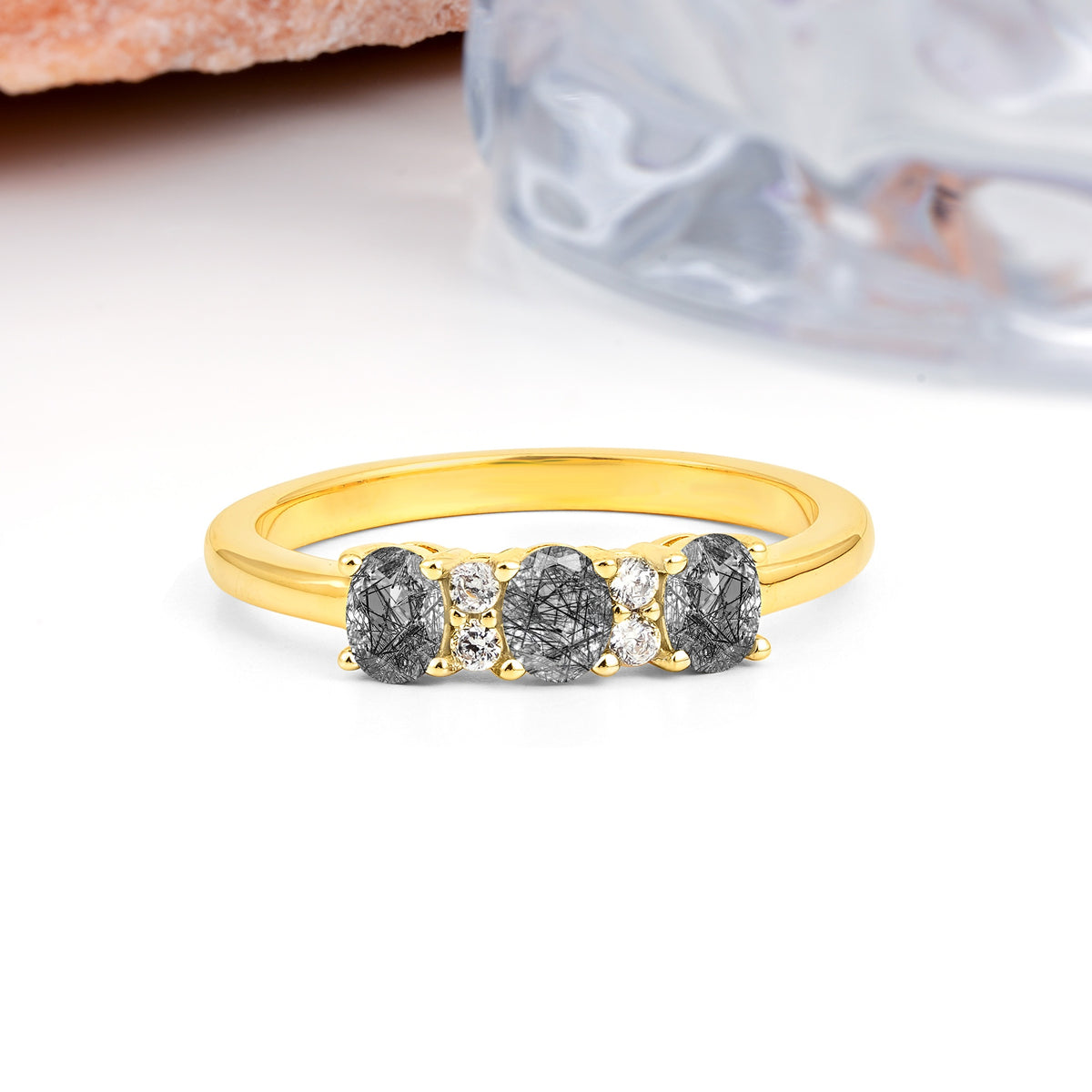 Unique Luxury 4 Prong Oval Cut Black Rutilated Quartz Three stones Wedding Ring - Additional view