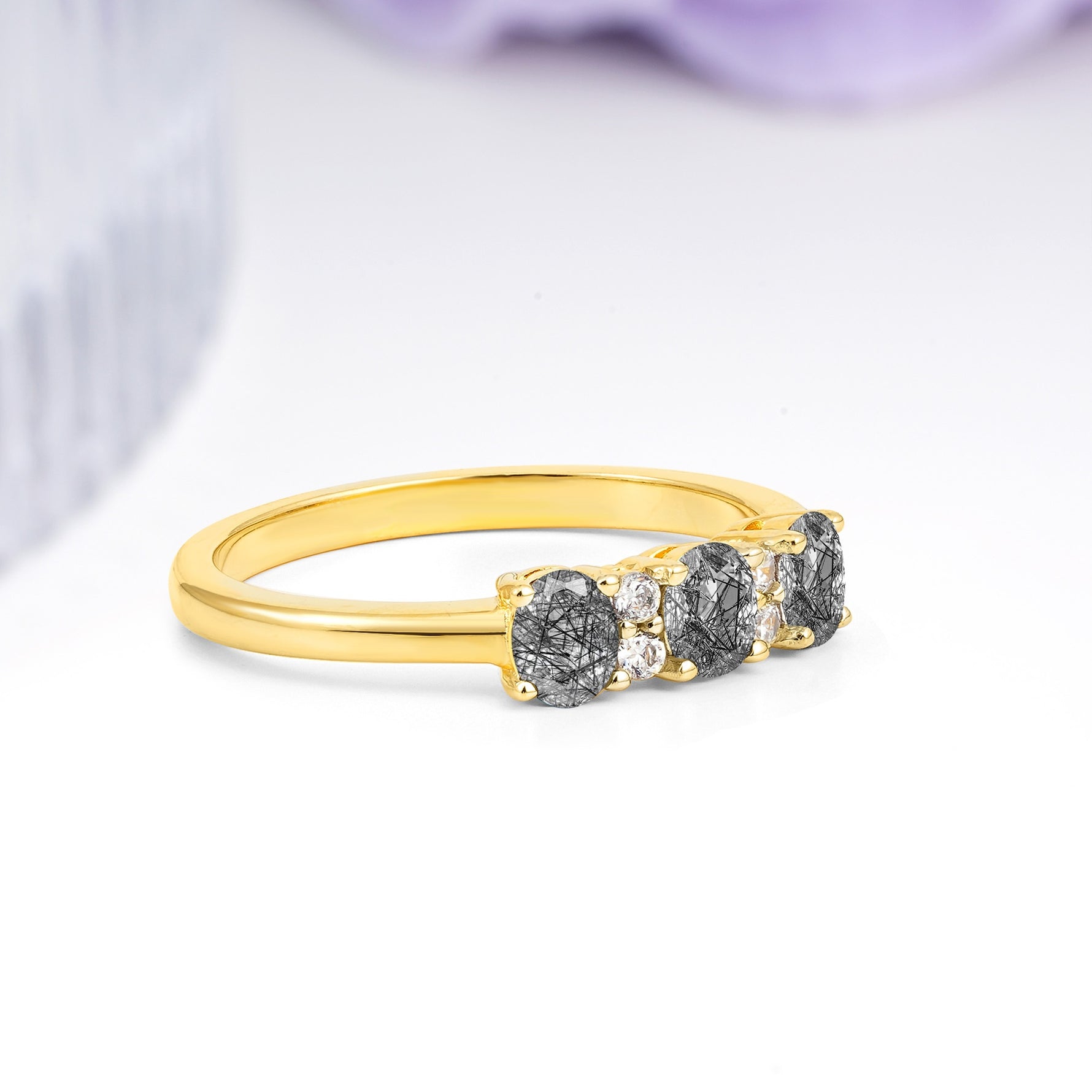 Unique Luxury 4 Prong Oval Cut Black Rutilated Quartz Three stones Wedding Ring - Additional view