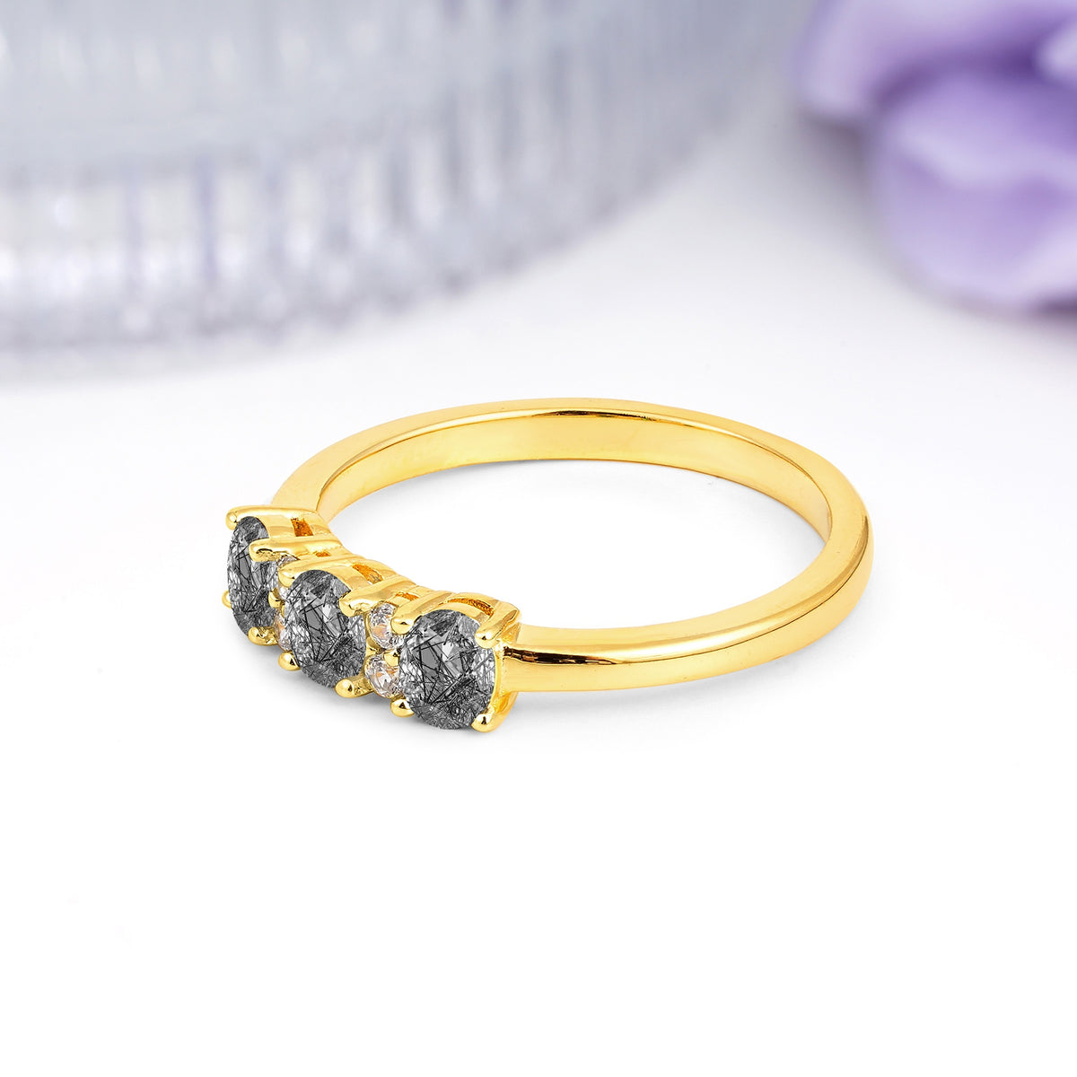 Unique Luxury 4 Prong Oval Cut Black Rutilated Quartz Three stones Wedding Ring - Additional view