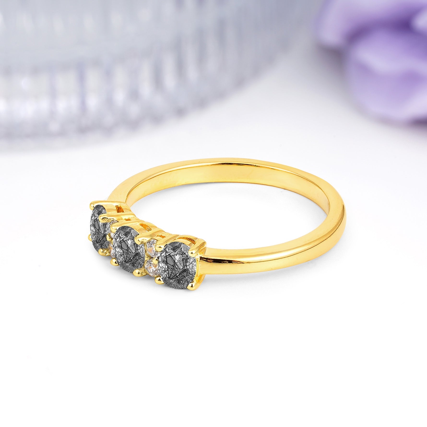 Unique Luxury 4 Prong Oval Cut Black Rutilated Quartz Three stones Wedding Ring - Additional view