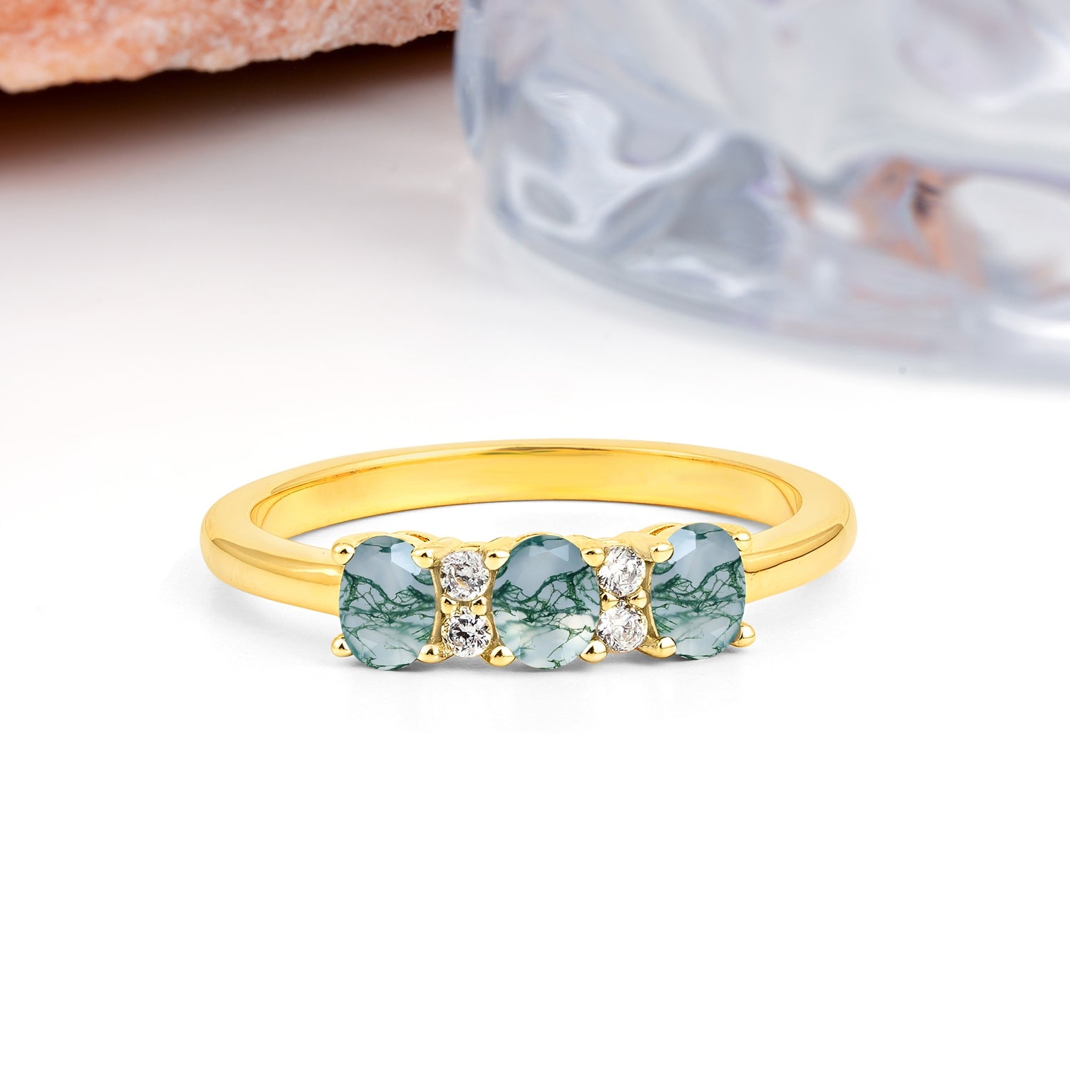 Unique Luxury 4 Prong Oval Cut Moss Agate Three stones Wedding Ring - Additional view