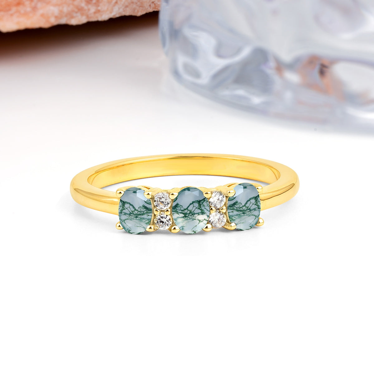 Unique Luxury 4 Prong Oval Cut Moss Agate Three stones Wedding Ring - Additional view