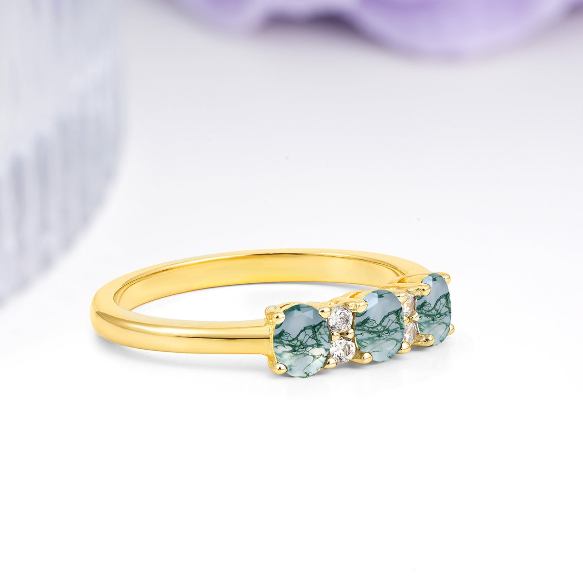 Unique Luxury 4 Prong Oval Cut Moss Agate Three stones Wedding Ring - Additional view