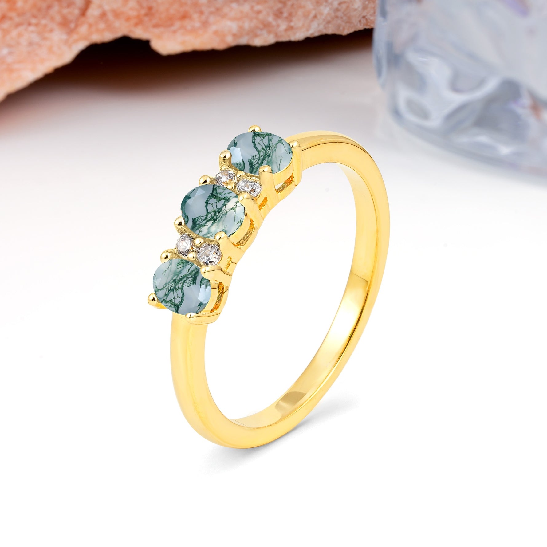 Unique Luxury 4 Prong Oval Cut Moss Agate Three stones Wedding Ring - Additional view