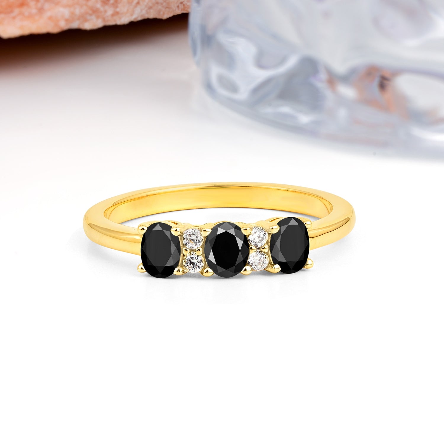 Unique Luxury 4 Prong Oval Cut Black Onyx Three stones Wedding Ring - Additional view