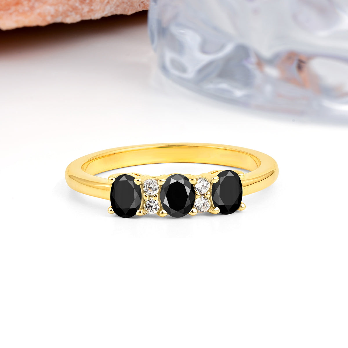 Unique Luxury 4 Prong Oval Cut Black Onyx Three stones Wedding Ring - Additional view