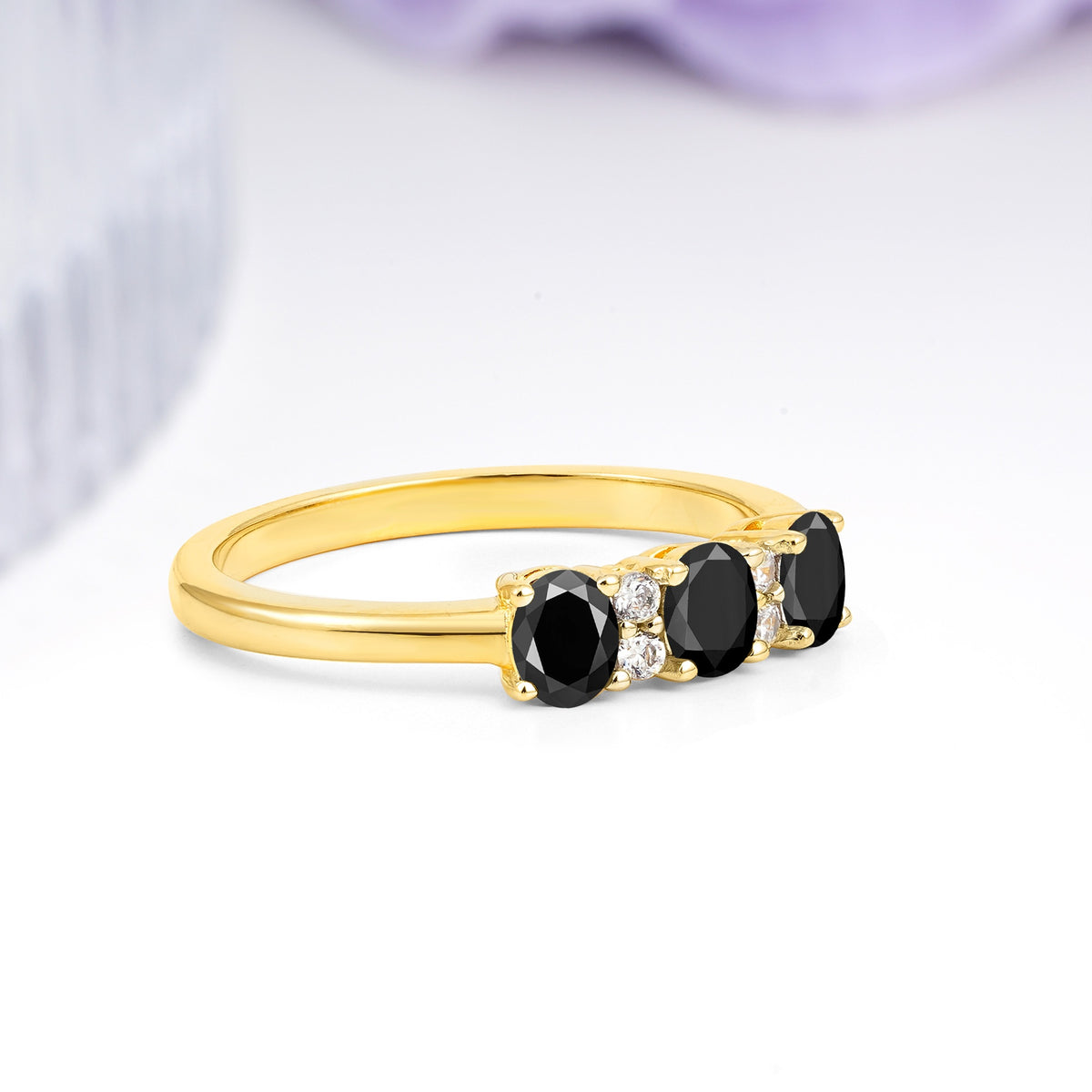 Unique Luxury 4 Prong Oval Cut Black Onyx Three stones Wedding Ring - Additional view