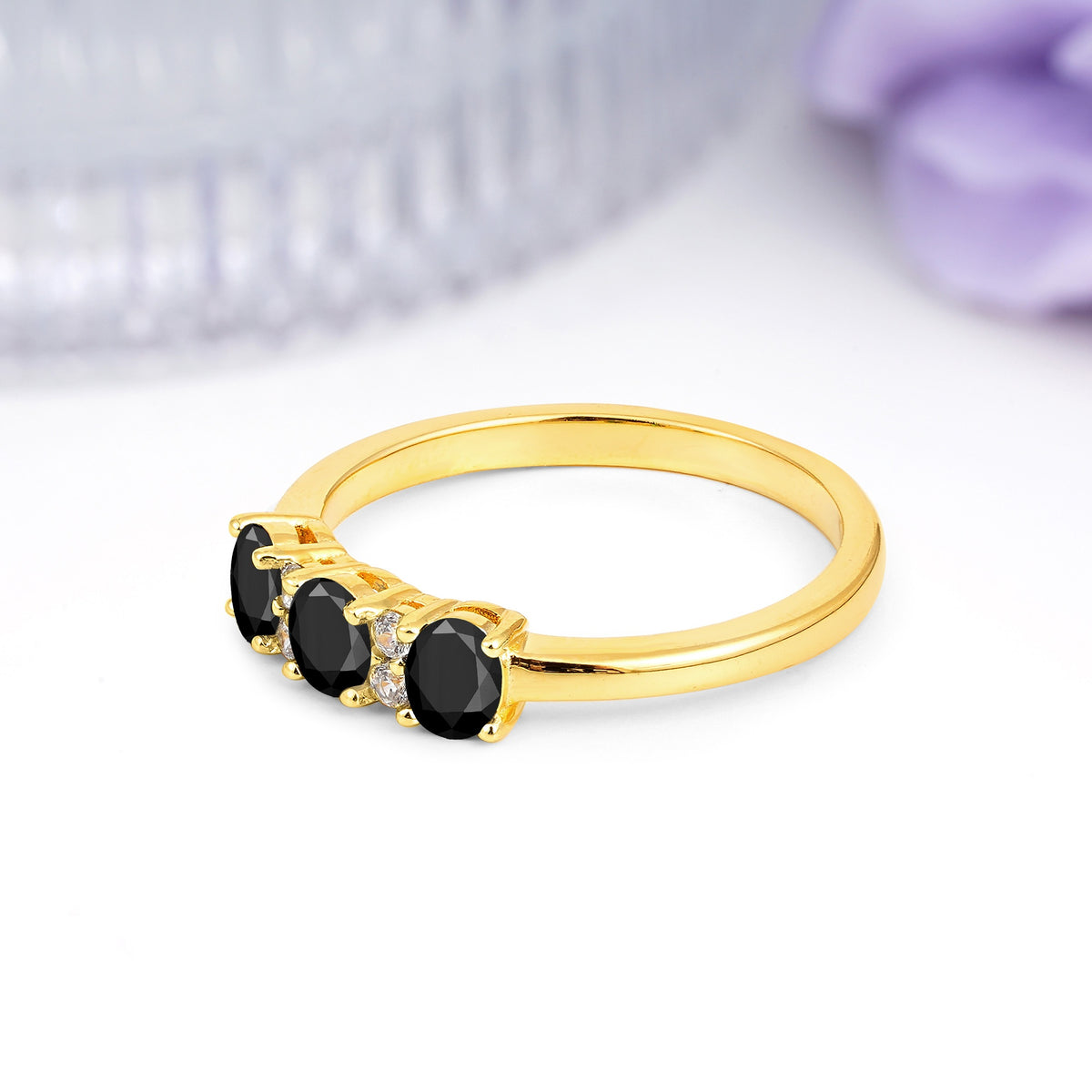 Unique Luxury 4 Prong Oval Cut Black Onyx Three stones Wedding Ring - Additional view