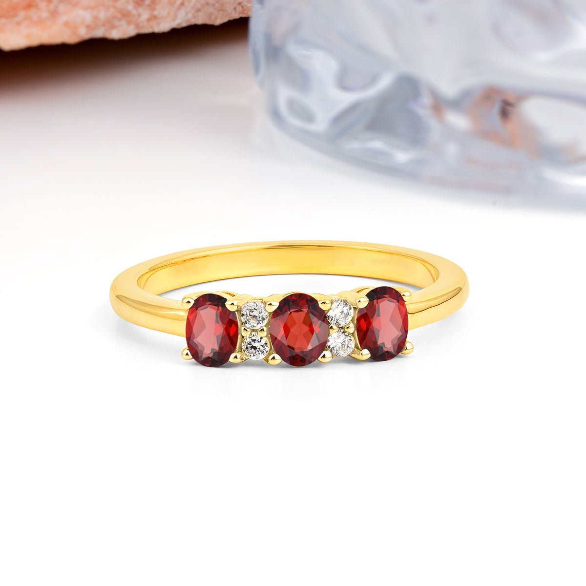 Unique Luxury 4 Prong Oval Cut Garnet Three stones Wedding Ring - Additional view