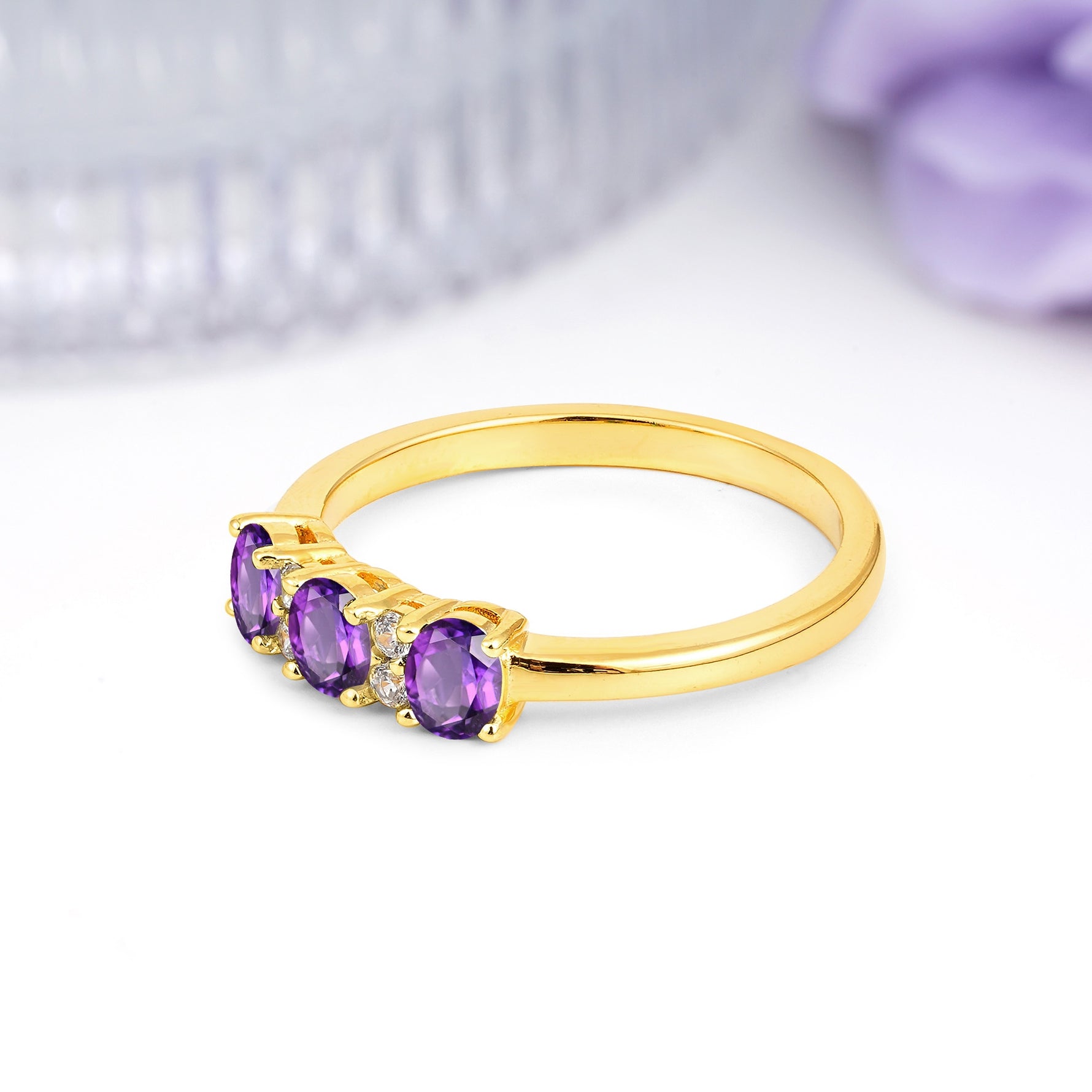 Unique Luxury 4 Prong Oval Cut Amethyst Three stones Wedding Ring - Additional view
