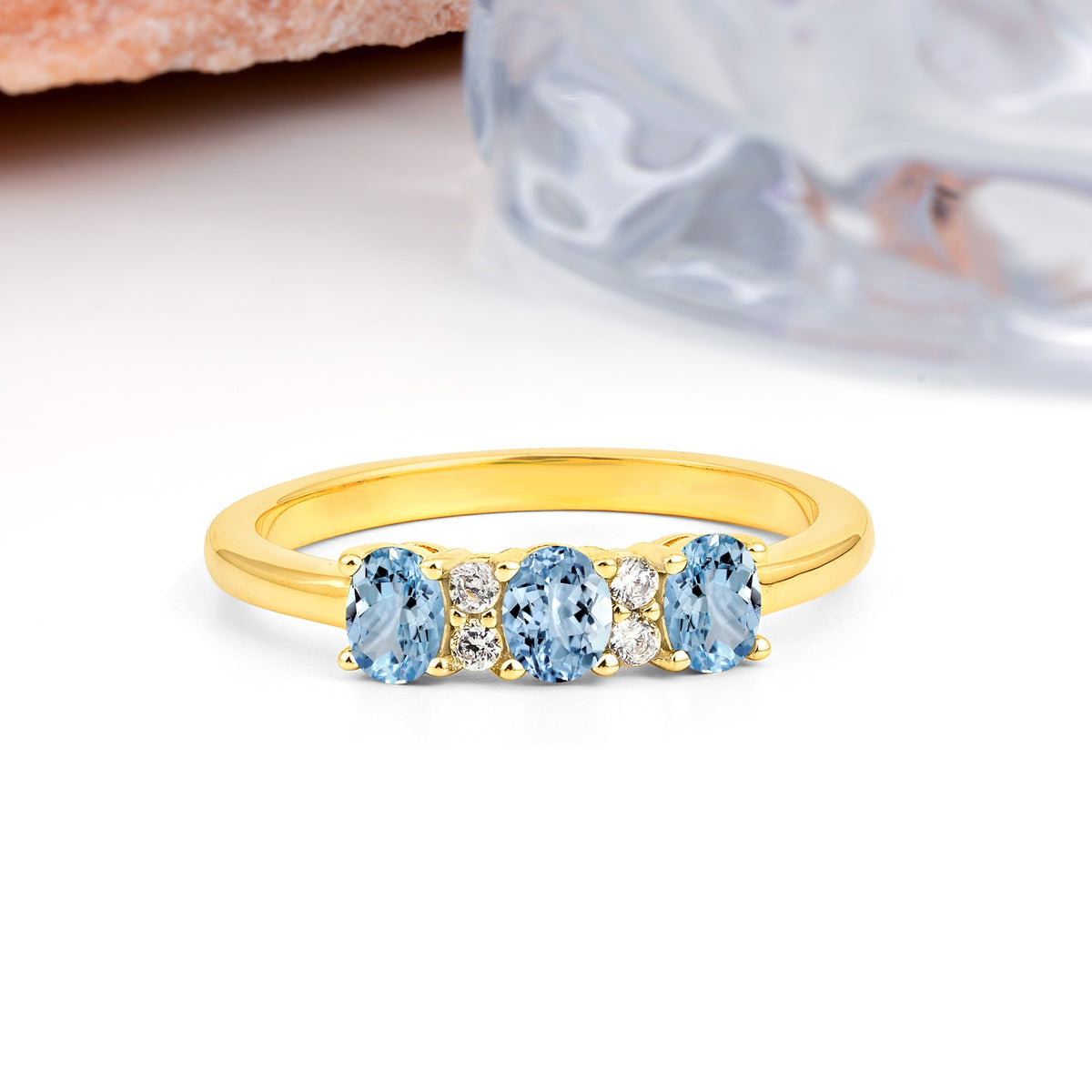 Unique Luxury 4 Prong Oval Cut Aquamarine Three stones Wedding Ring - Additional view