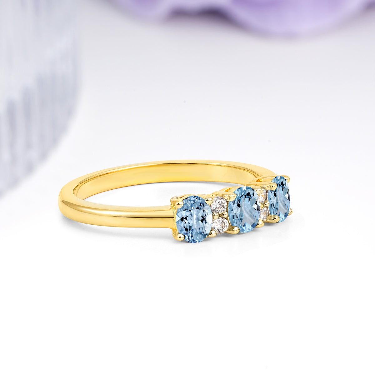 Unique Luxury 4 Prong Oval Cut Aquamarine Three stones Wedding Ring - Additional view