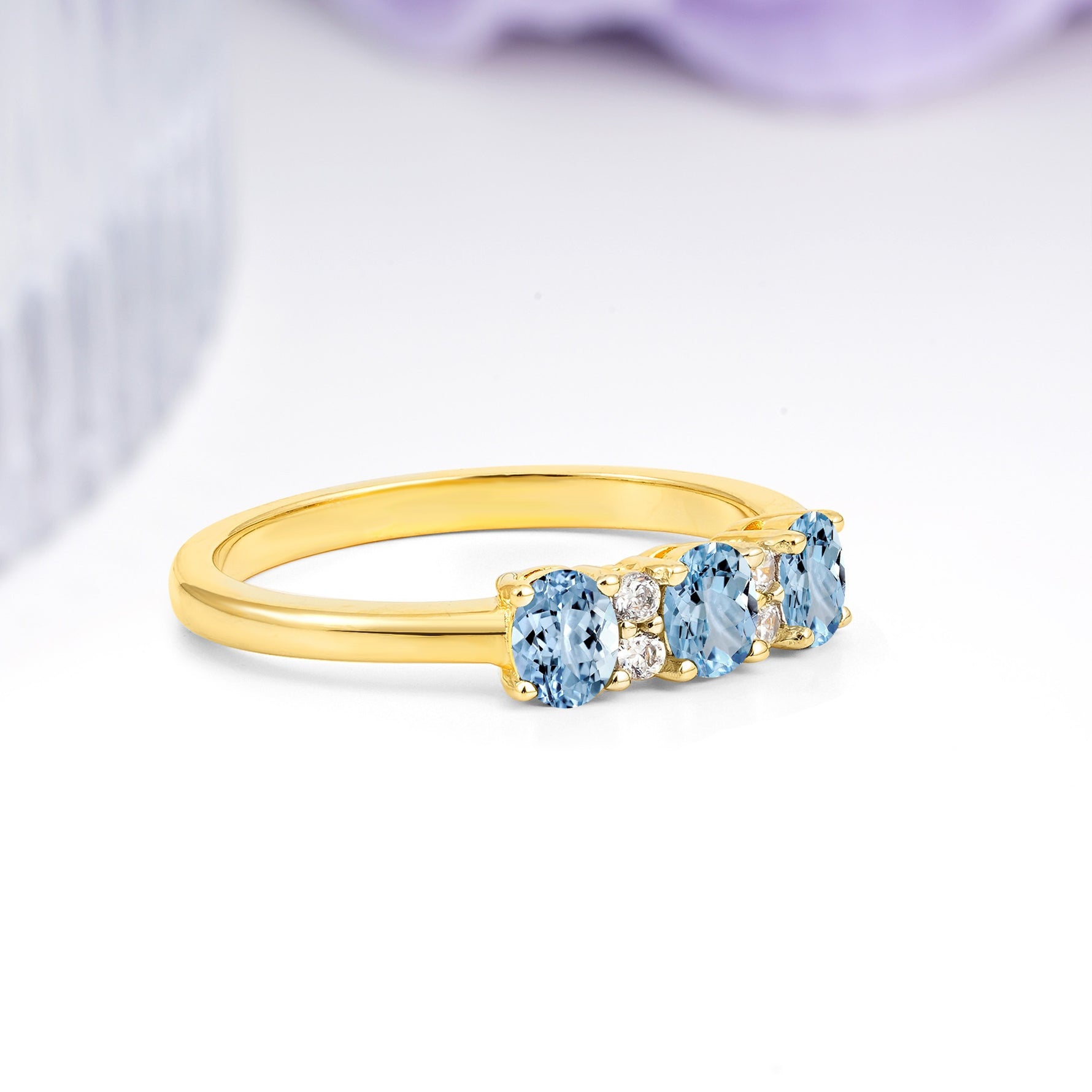 Unique Luxury 4 Prong Oval Cut Aquamarine Three stones Wedding Ring - Additional view